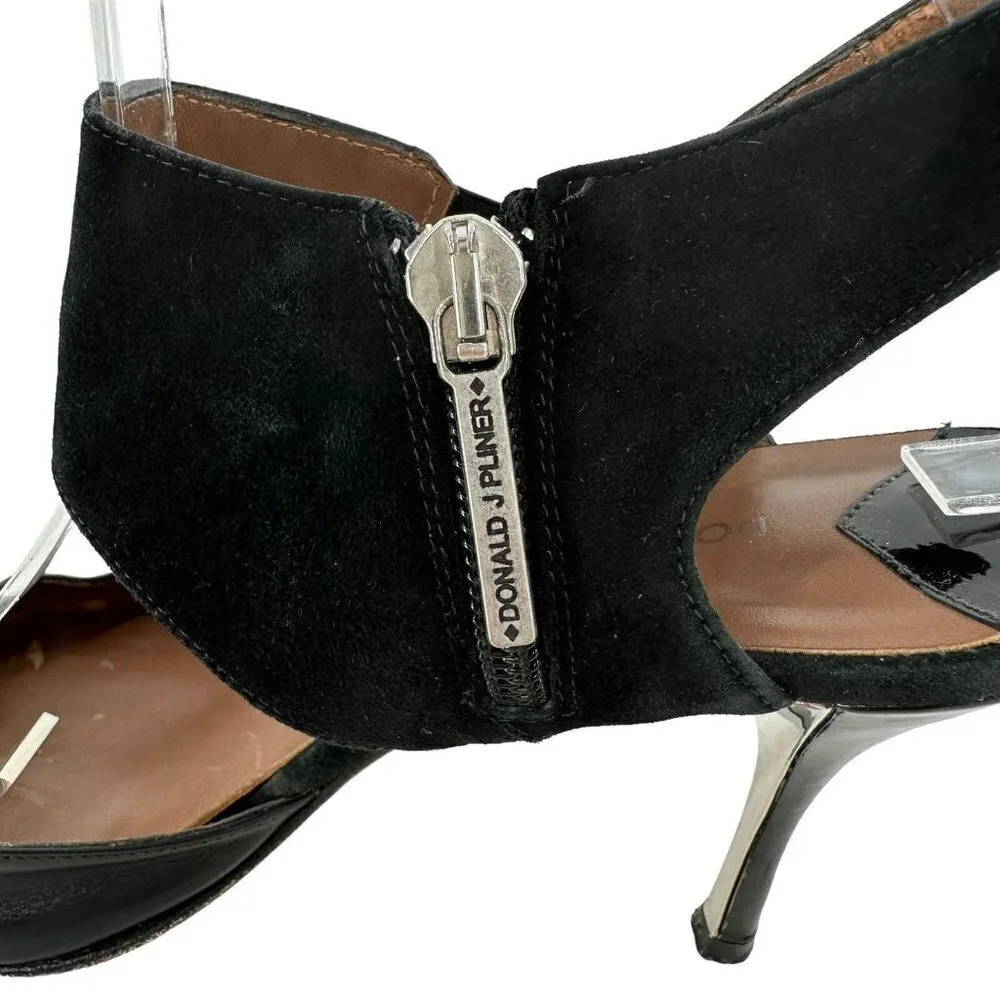 Donald Pliner BRAVA Black Patent Leather and Suede Ankle Strap Zip Heels Size 7